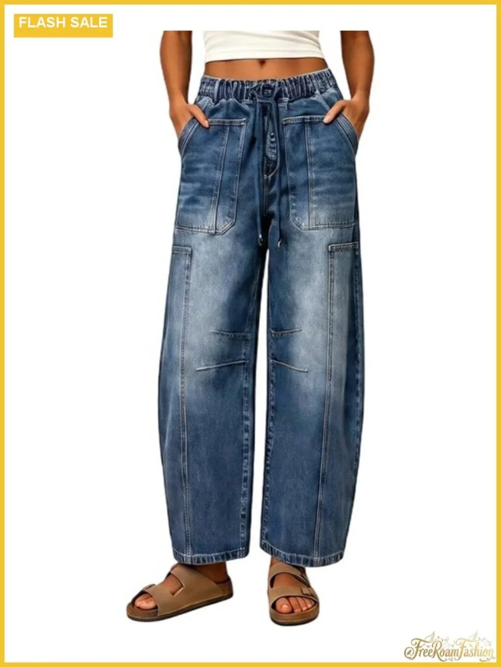 Women's Barrel Jeans - Elastic Waist Drawstring Baggy Wide Leg Pants